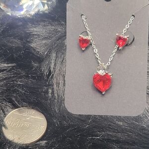 (New) Red Heart Necklace And Earrings Fashion Set